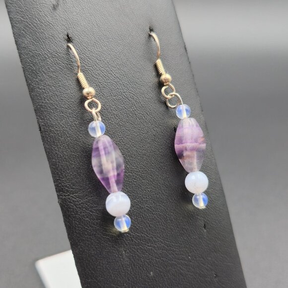Silver Plated Fluorite And Agate Stones Dangle Earrings A6482 - Picture 2 of 5